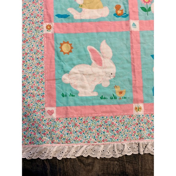 Sweet Bunny Rabbit Baby Quilt Blanket Floral Lace Trim Nursery Decor - Picture 2 of 5